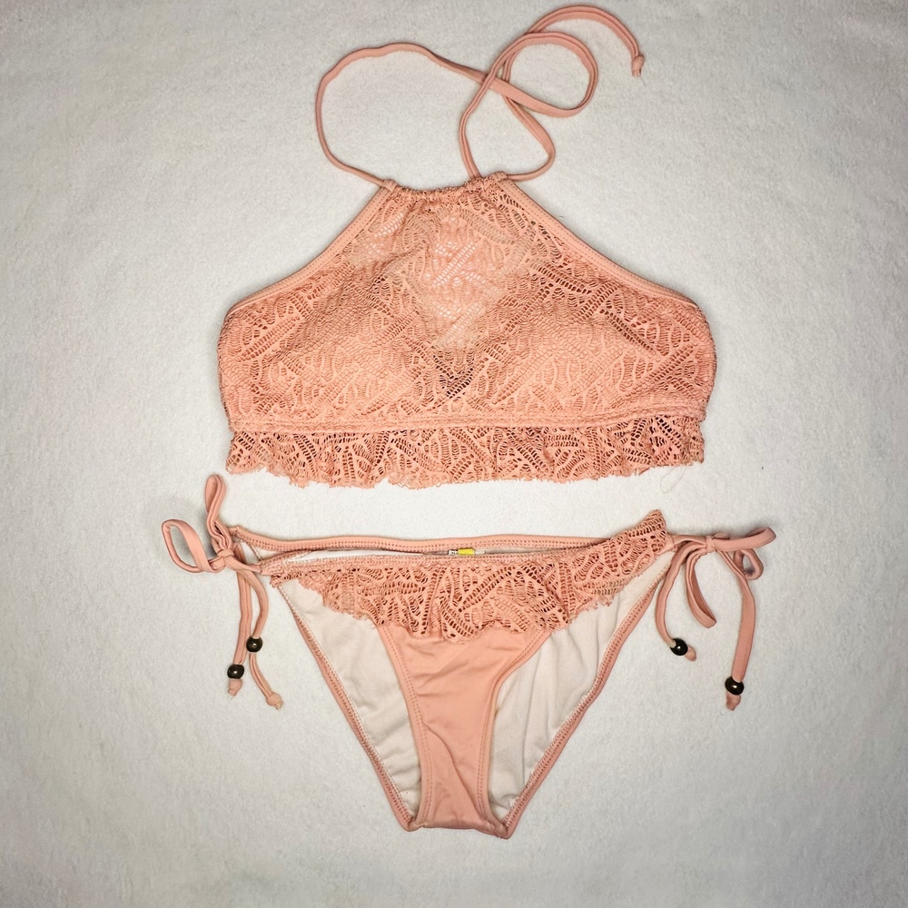 Gianni‎ Bini Lace Halter Bikini Set Ruffle Trim Tie Side Peach Small